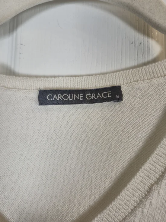 Caroline Grace Ivory Cotton Cashmere V-Neck Pointelle Trim Sweater M - Picture 5 of 6